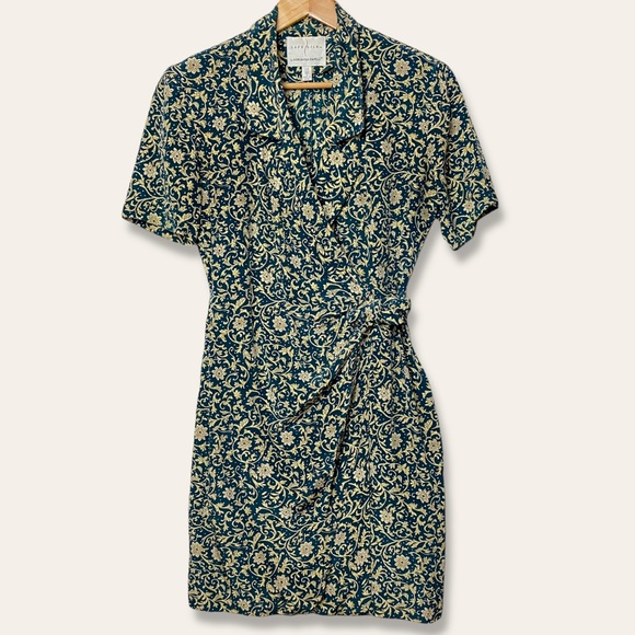 Adriana Papell Vintage Witchy Boho Printed Silk Short Sleeve Wrap Mini Dress